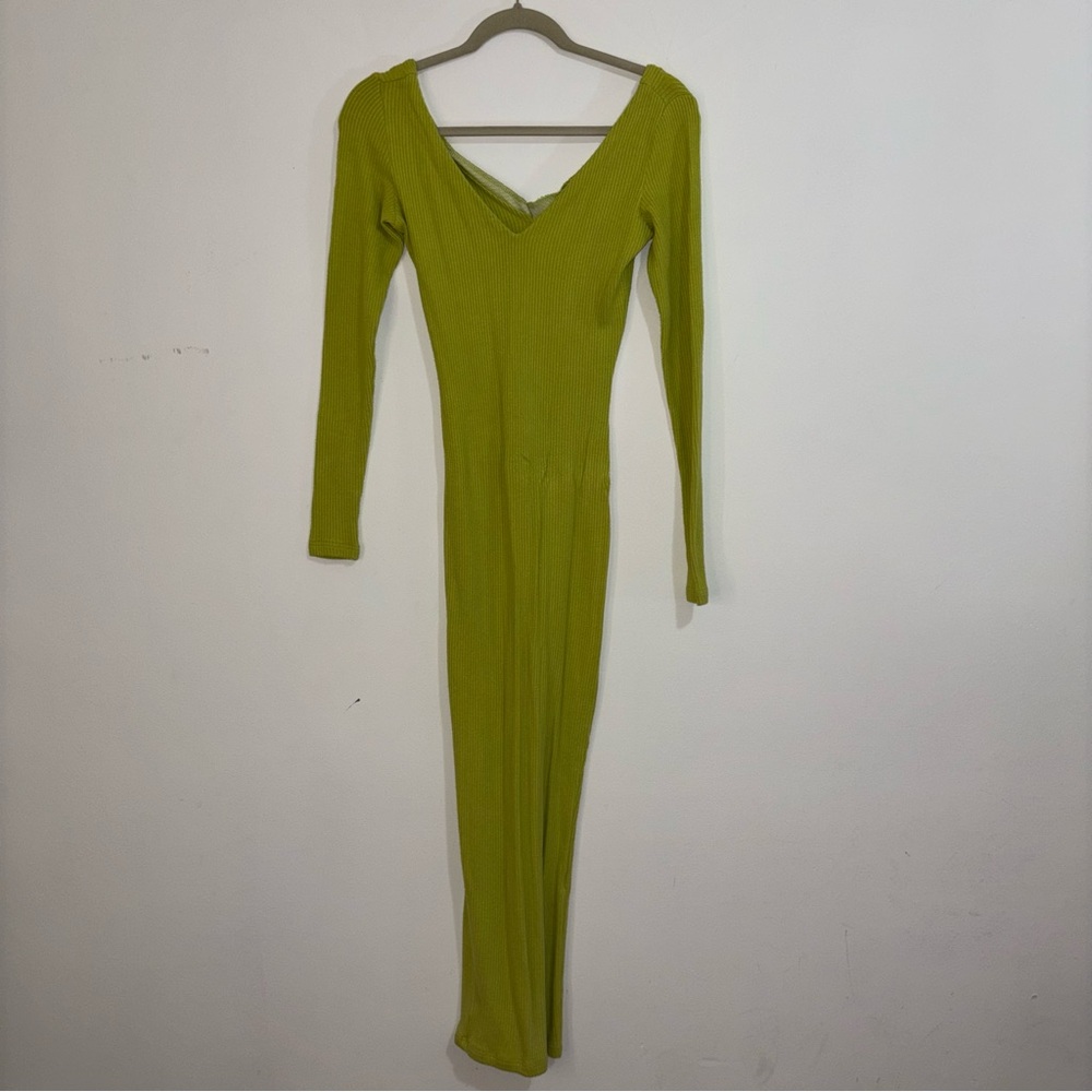 Green Ribbed Knit Long Sleeve Dress